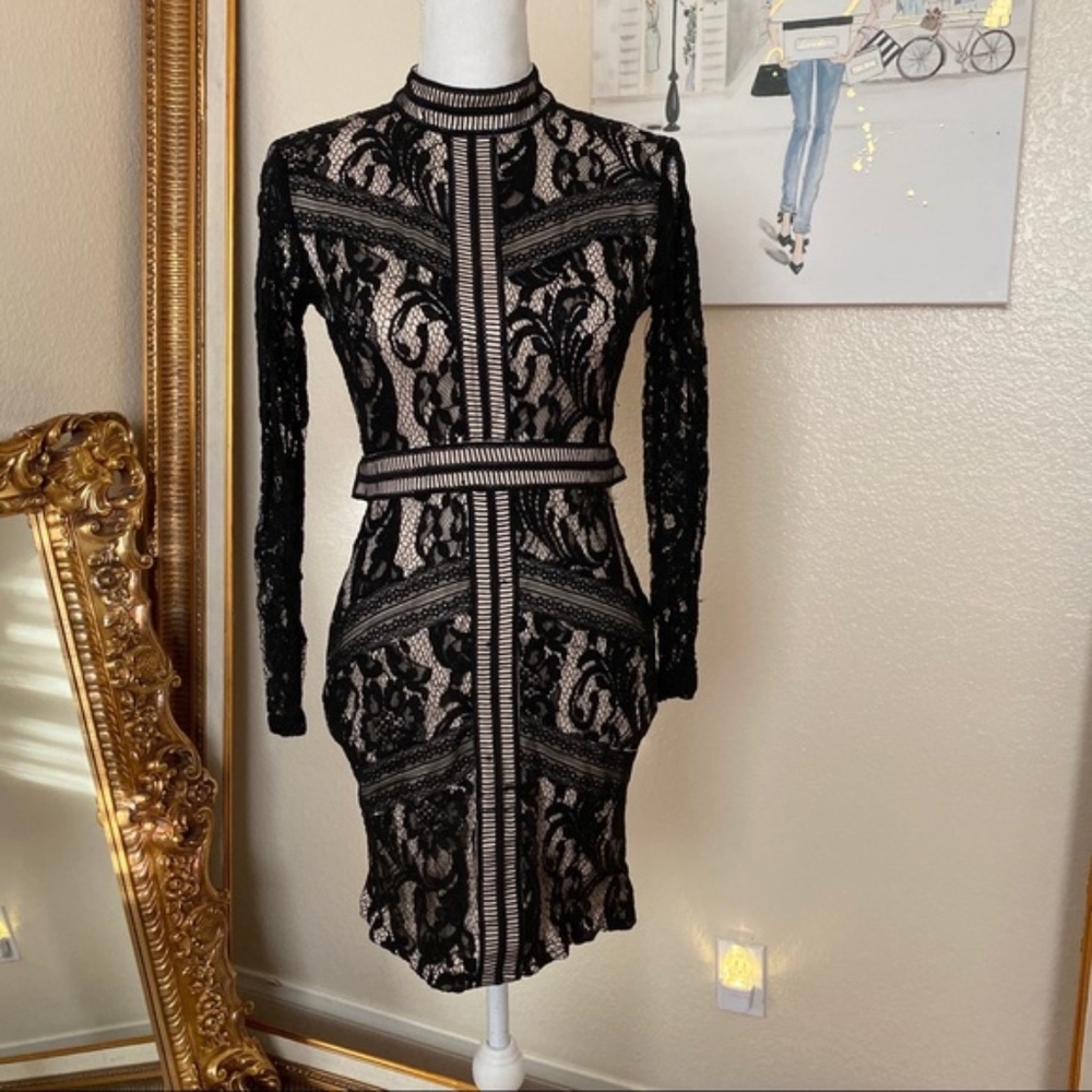Black & Tan Sexy Backless Lace Cocktail Dress